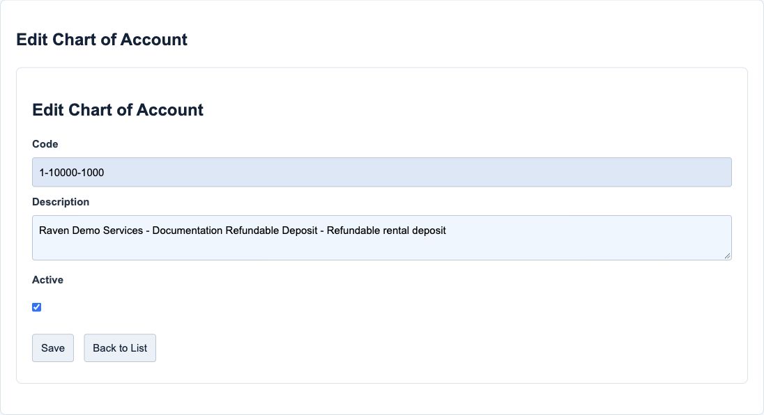 Figure 6. Illustrative training screen: a Chart of Account combination. Code and Description are derived; the editable-looking description does not save an independent name.