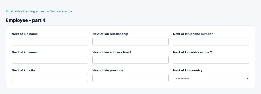 Illustrative training screen: Employee Additional Employee fields