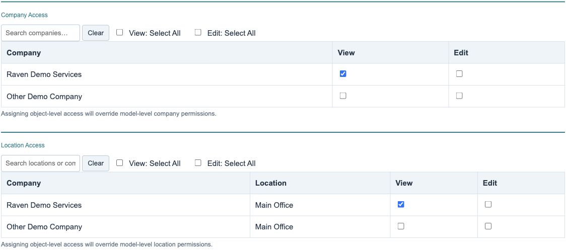 Figure 5. Illustrative training screen: two fictional companies and their locations, with one View grant and no Edit grant.
