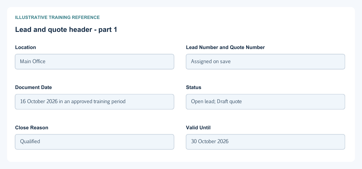 Illustrative training reference: Lead and quote header
