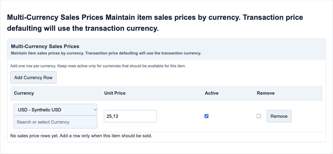 Illustrative training screen: Currency sales price rows