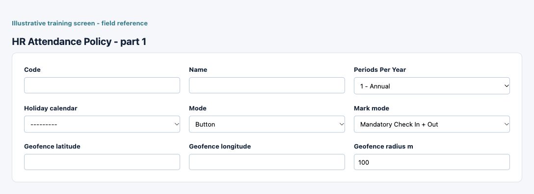Illustrative training screen: HR Attendance Policy