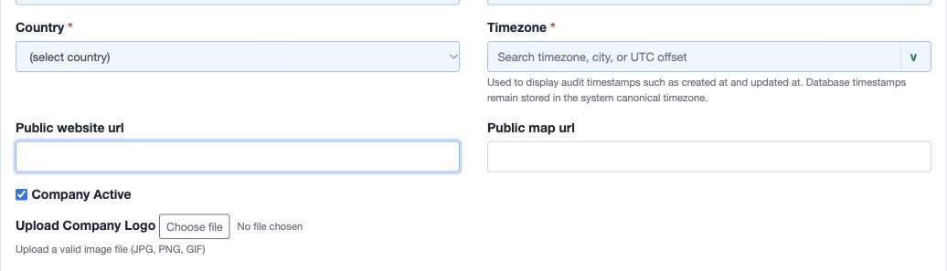 Figure 2. Public website url, Public map url, Company Active and Upload Company Logo, with Country and Timezone context above.