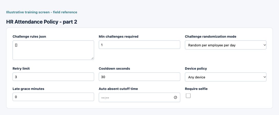 Illustrative training screen: HR Attendance Policy Additional HR Attendance Policy fields