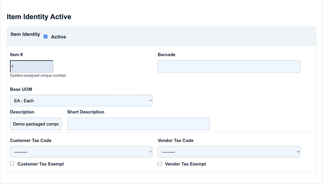 Illustrative training screen: Item identity and tax defaults