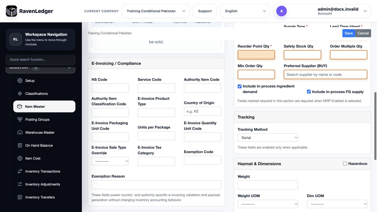 Inventory item tracking set to Serial with expiry and shelf-life controls hidden