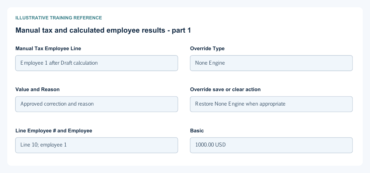 Illustrative training reference: Manual tax and calculated employee results
