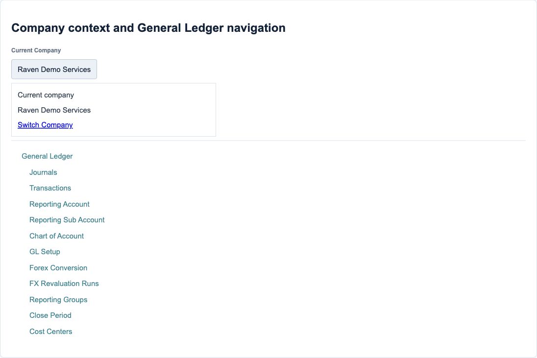 Figure 2. Illustrative training screen: Current Company, Switch Company and General Ledger links.