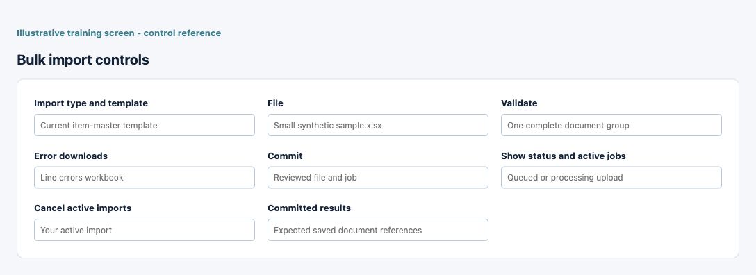 Illustrative training screen: Bulk import controls