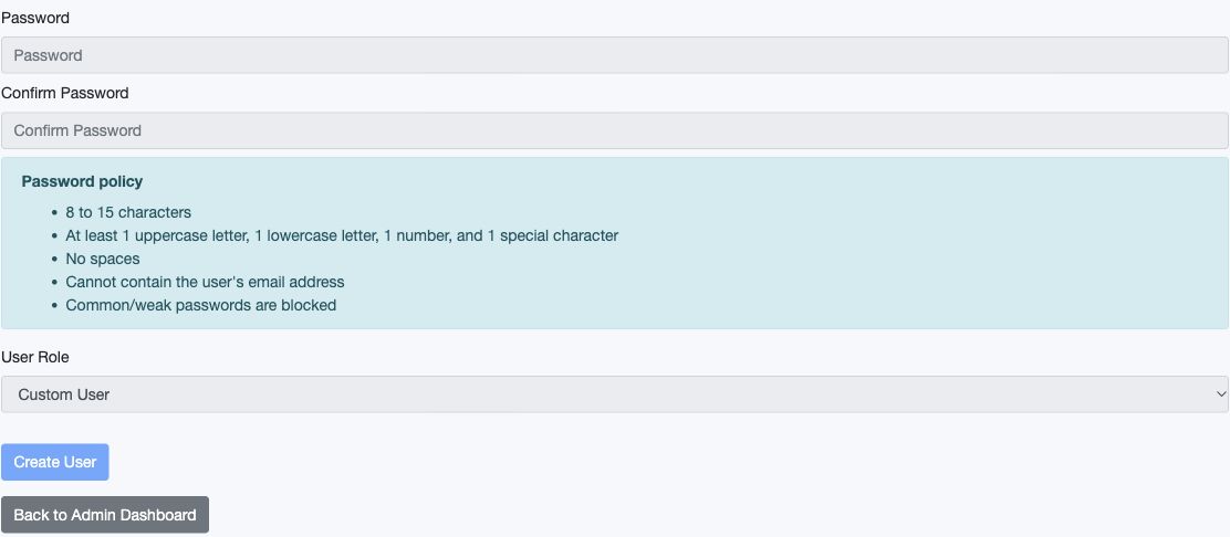 Figure 2. Blank Create User screen: password policy, password fields, User Role and creation controls remain locked until verification.