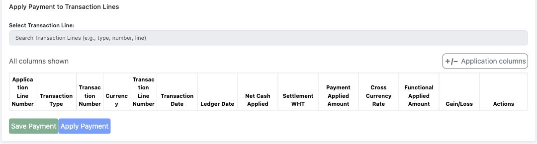 Illustrative training screen: Payment application grid