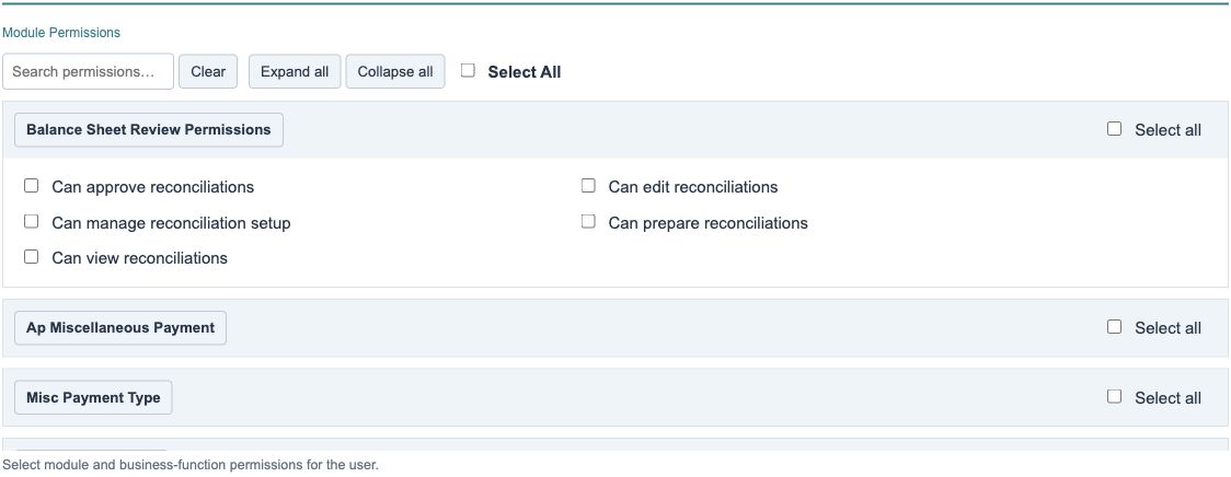Figure 4. Illustrative training screen: permission search, display controls and an expanded permission block.