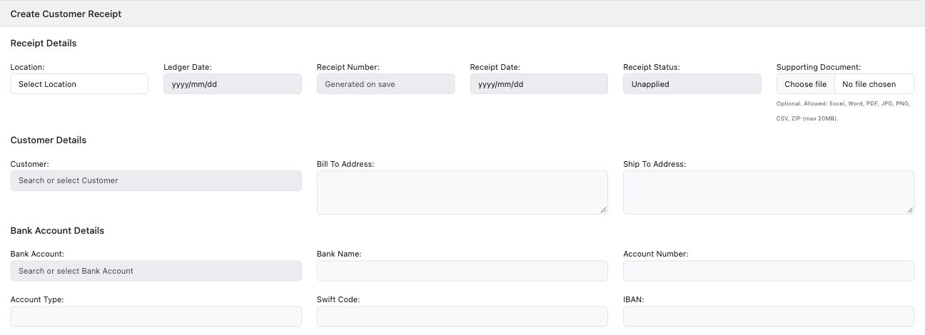 Figure 6. Blank receipt's location, dates, customer/address and bank-detail fields. The receipt number is generated on save; bank details are populated from a selected bank account.