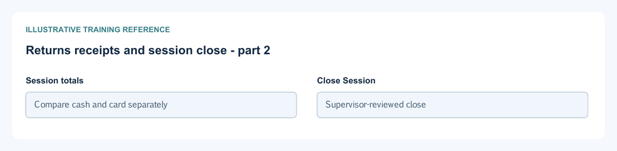Illustrative training reference: Returns receipts and session close Returns receipts and session close continued