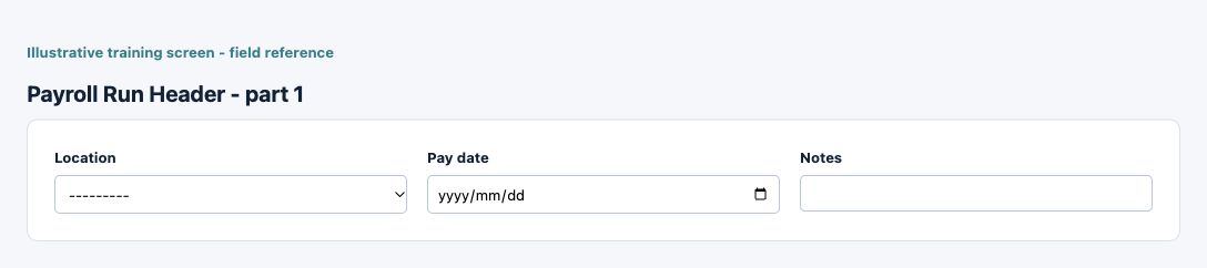 Illustrative training screen: Payroll run header