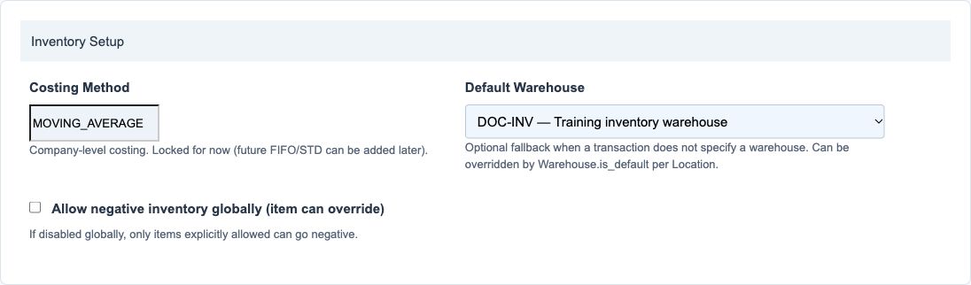 Illustrative training screen: Inventory policy