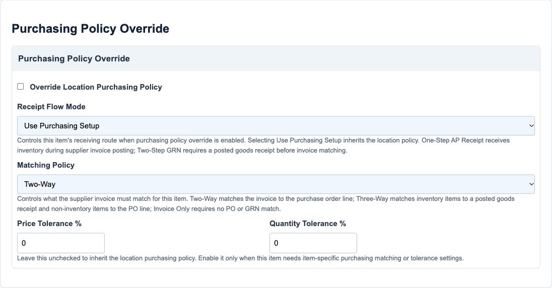 Illustrative training screen: Purchasing policy overrides