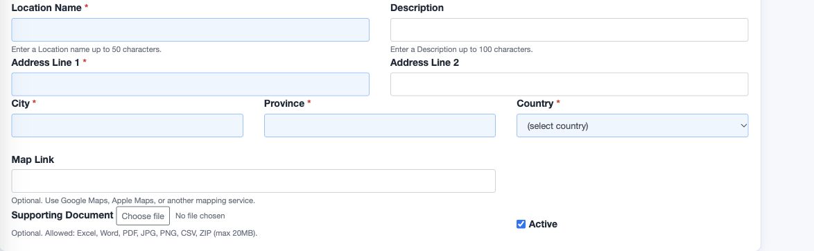 Application screen: blank location details. Location number and selected-company controls are above this cropped region; their rules are explained below.