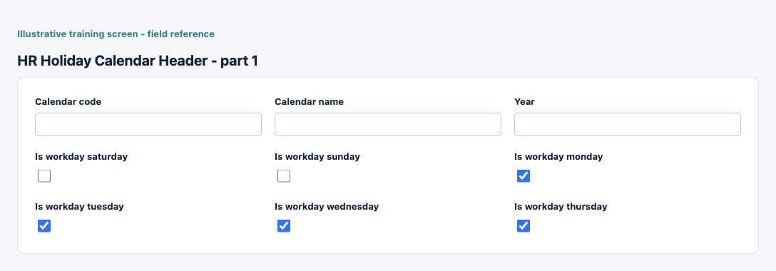Illustrative training screen: HR Holiday Calendar Header