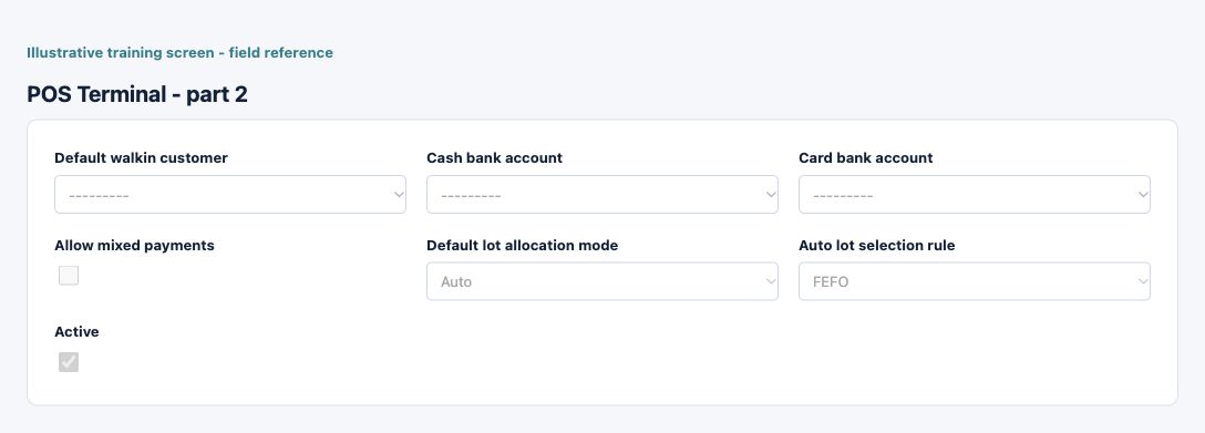 Illustrative training screen: POS Terminal Additional POS Terminal fields
