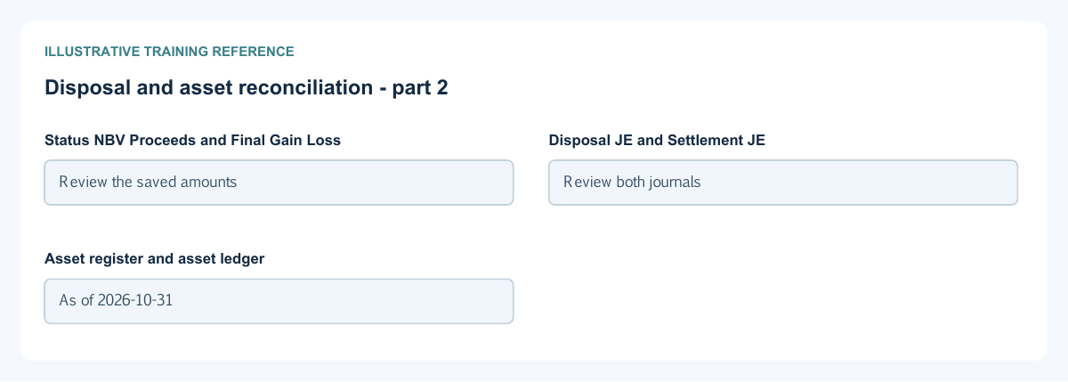 Illustrative training reference: Disposal and asset reconciliation Disposal and asset reconciliation continued