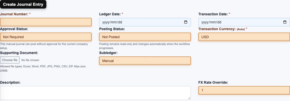 Application screen: blank journal header before saving. Approval and currency controls depend on company configuration.