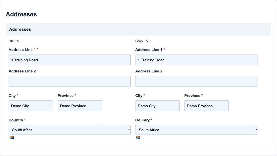 Illustrative training screen: Billing and shipping addresses