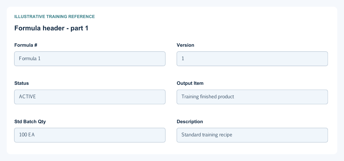 Illustrative training reference: Formula header