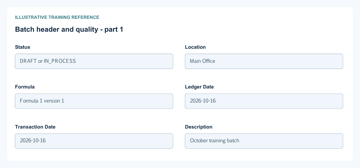 Illustrative training reference: Batch header and quality