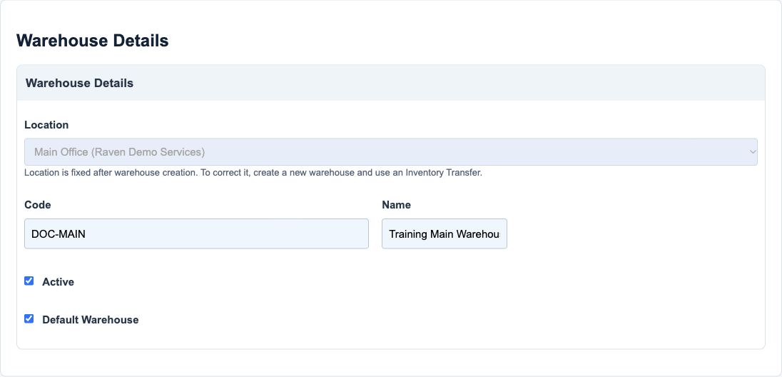Illustrative training screen: Warehouse ownership and identity