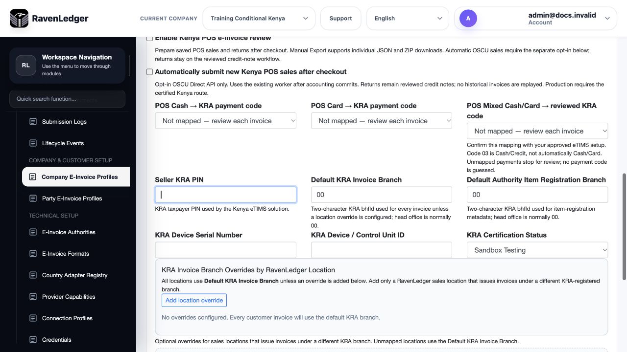 Kenya branch device certification and POS controls in Sandbox testing with automatic submission off
