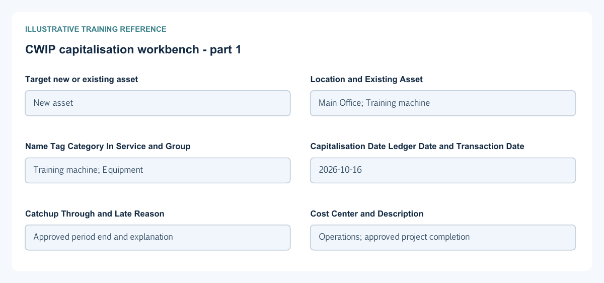 Illustrative training reference: CWIP capitalisation workbench