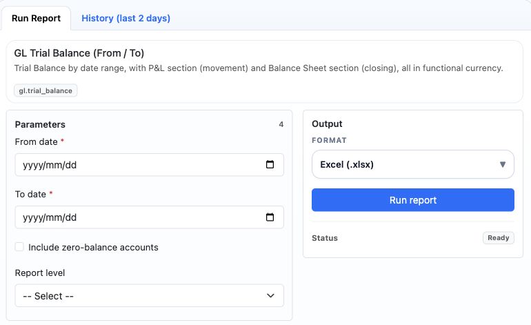 Application screen: Trial Balance parameters before Run report. No report has been run. Other reports have their own parameters listed below.
