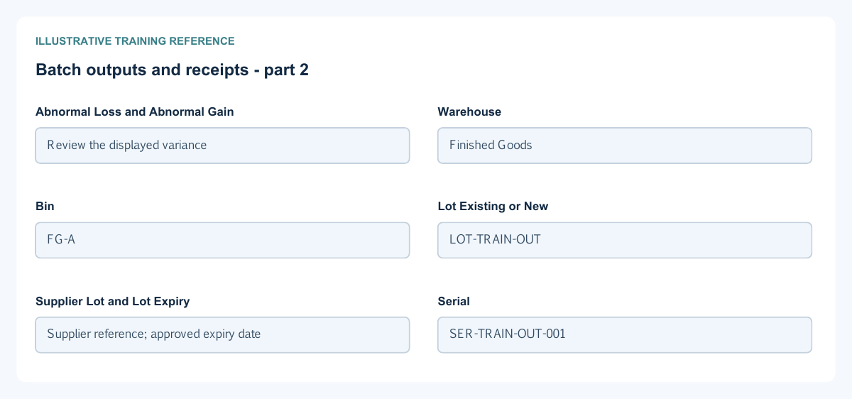 Illustrative training reference: Batch outputs and receipts Batch outputs and receipts continued