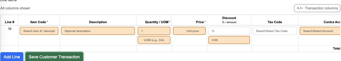 Figure 2. Left side of the wide invoice table. Scroll horizontally in the application to see the remaining columns.