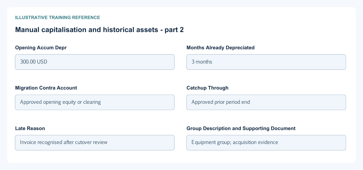 Illustrative training reference: Manual capitalisation and historical assets Manual capitalisation and historical assets continued