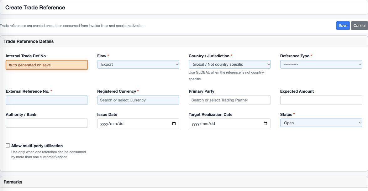 Application screen: blank trade-reference identity, amount and date controls. Remarks continues below this region; no reference has been saved.