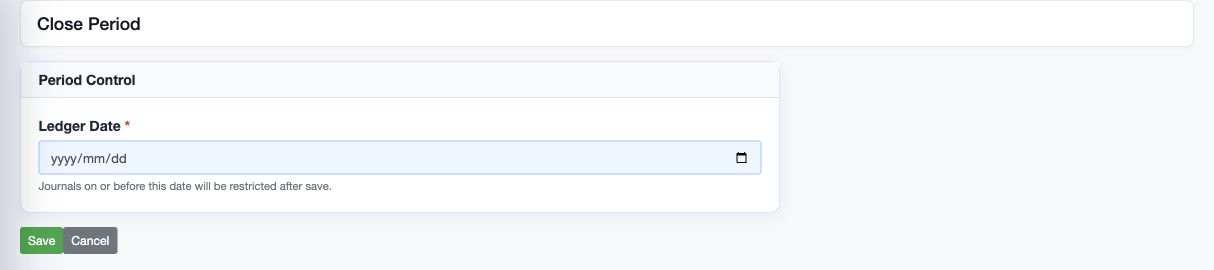 Application screen: period-control date before saving. Saving changes the accounting cutoff; review the date and authority first.