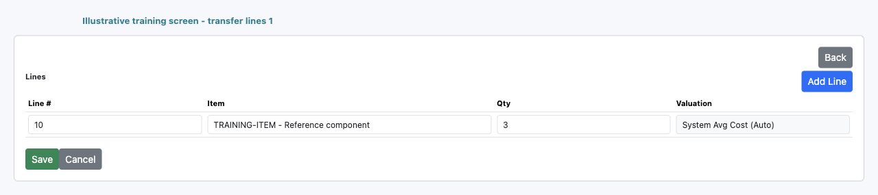 Illustrative training screen: Inventory transfer line grid