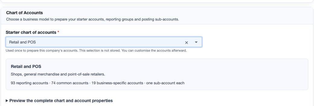 Application screen: a Retail and POS starter selection before company creation. A selection or preview does not create accounts until Save succeeds.