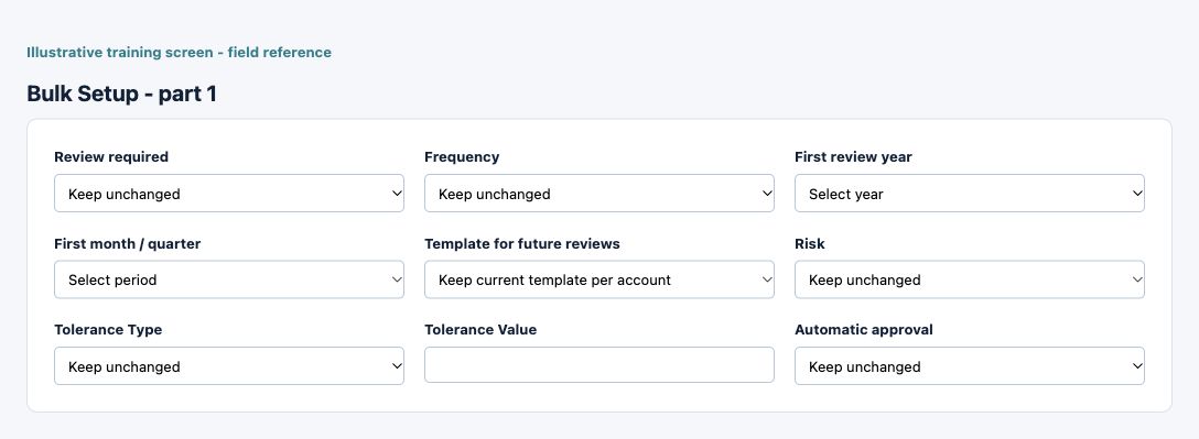 Illustrative training screen: Account review bulk setup