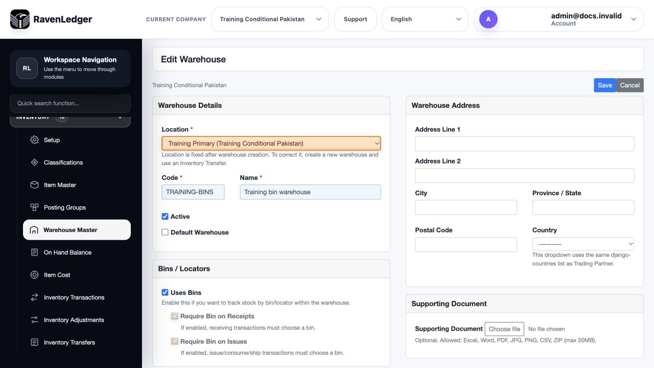 Edit Warehouse showing Uses Bins and the disabled Require Bin on Receipts and Issues indicators