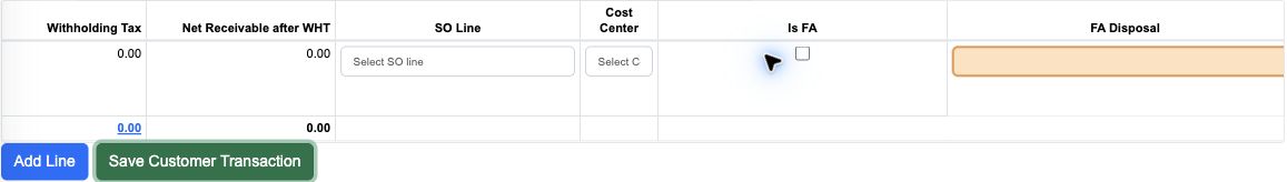 Figure 5. Right side of the invoice table, including remaining calculated amounts, sales-order/cost-centre and fixed-asset fields, plus line/form actions.