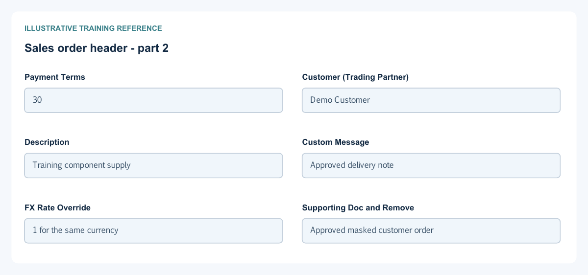 Illustrative training reference: Sales order header Sales order header continued
