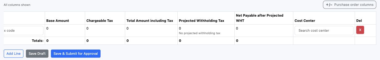 Illustrative training screen: Purchase order lines Purchase order tax totals cost center and removal columns