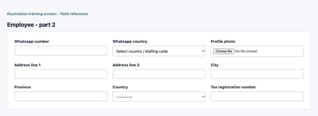 Illustrative training screen: Employee Additional Employee fields