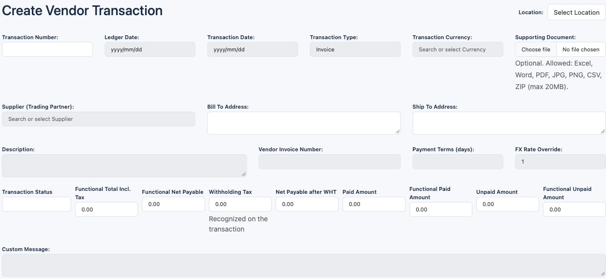 Illustrative training screen: Vendor invoice header