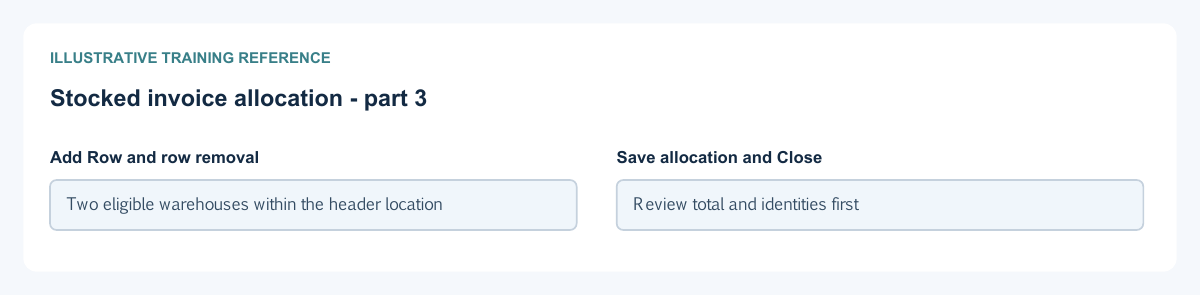 Illustrative training reference: Stocked invoice allocation Stocked invoice allocation continued