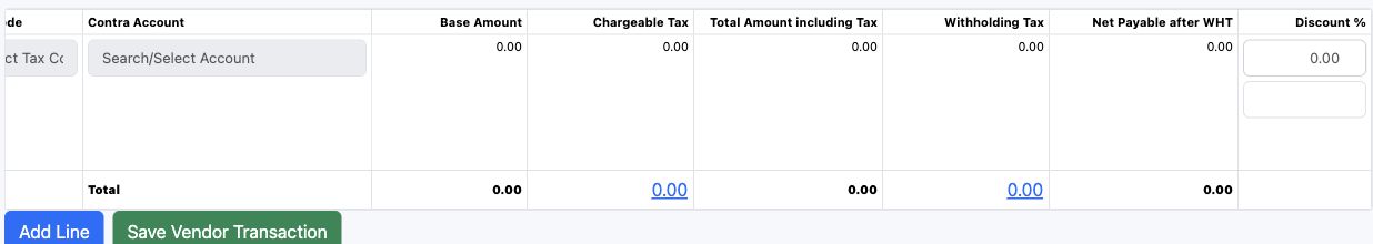 Illustrative training screen: Vendor invoice line grid Invoice amounts taxes and discount columns