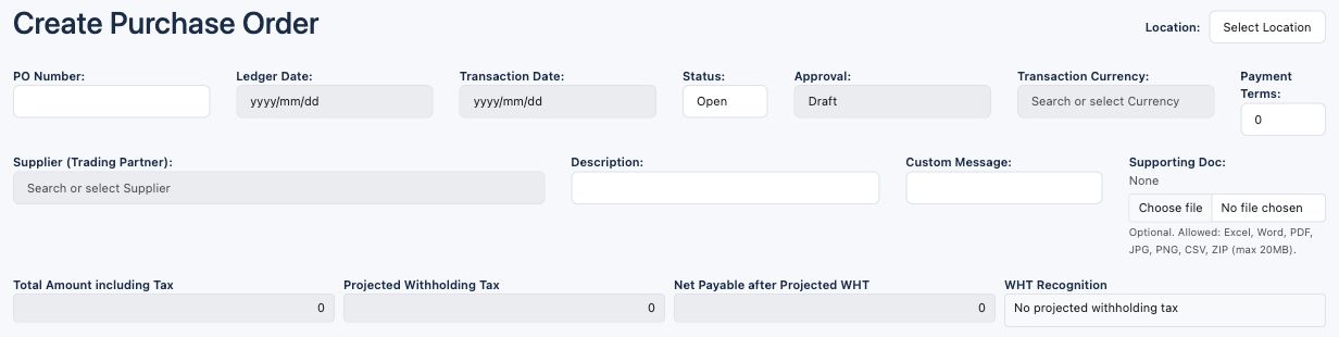 Illustrative training screen: Purchase order header